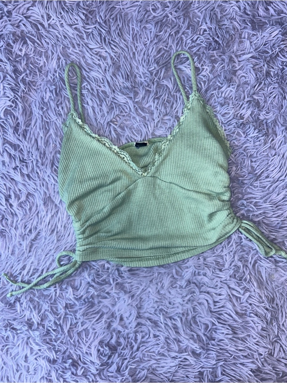 Light Green Ribbed Lace-Trim Cami with Adjustable Side Ties